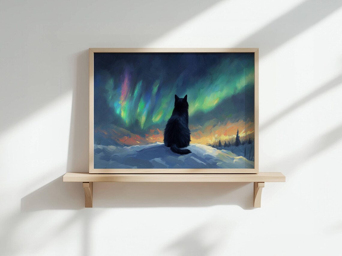 Black Cat and Aurora Borealis, Nature Art Print - Image 4