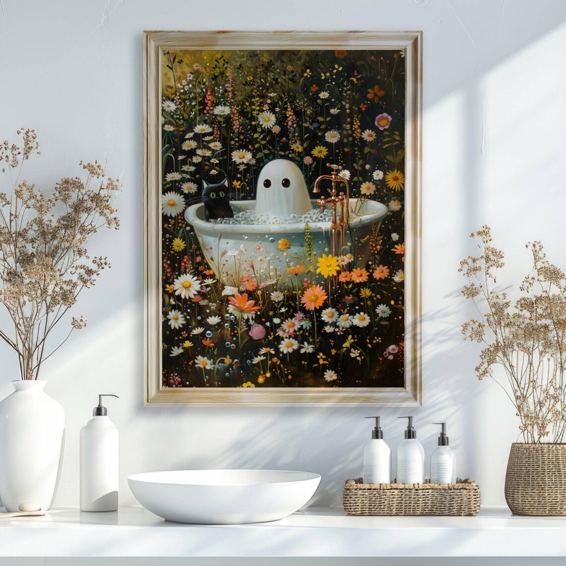 Ghost And Cat In Bathtub, Whimsigoth Halloween Art Print - Image 3