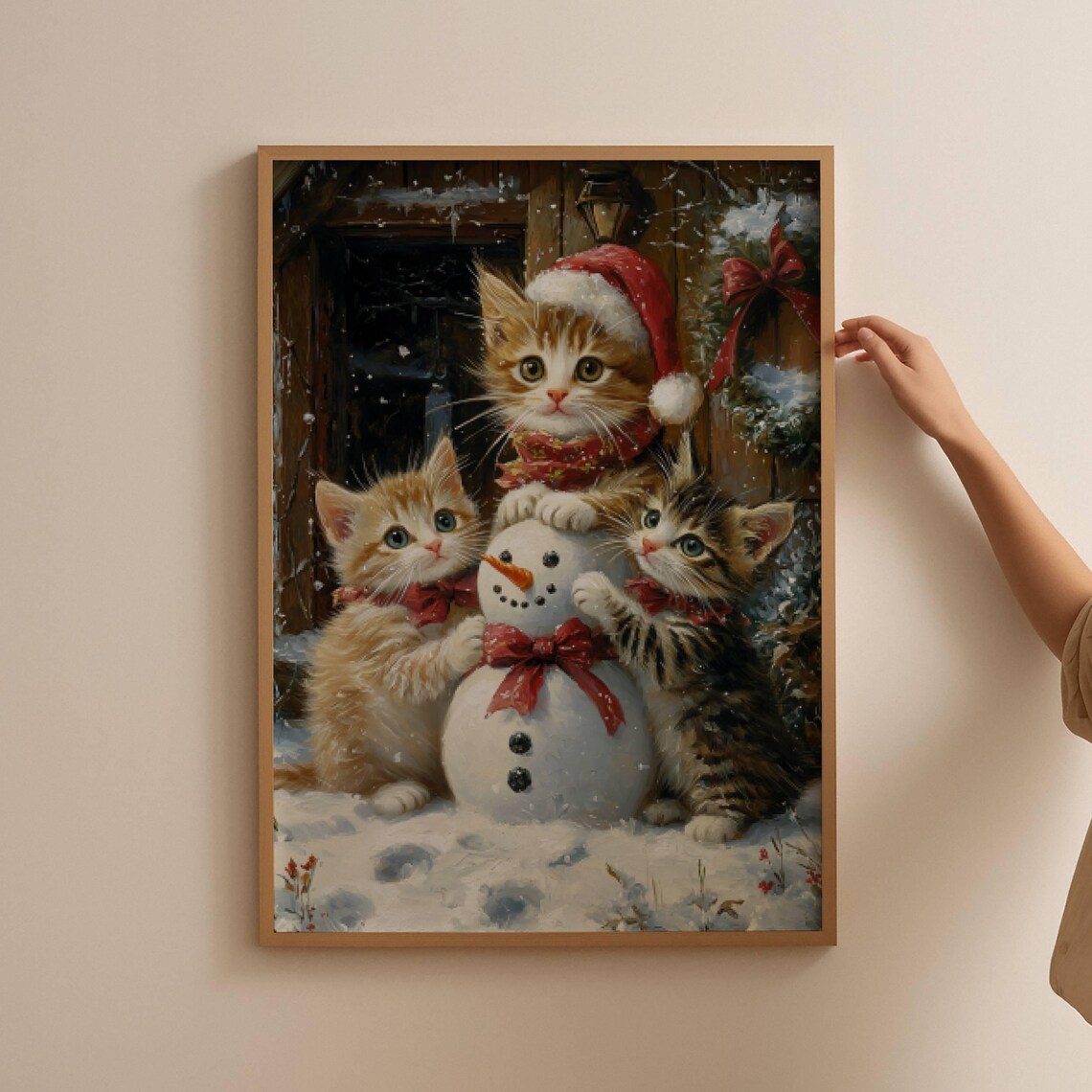 Three Kittens Building A Snowman Christmas Watercolor Poster - Image 6