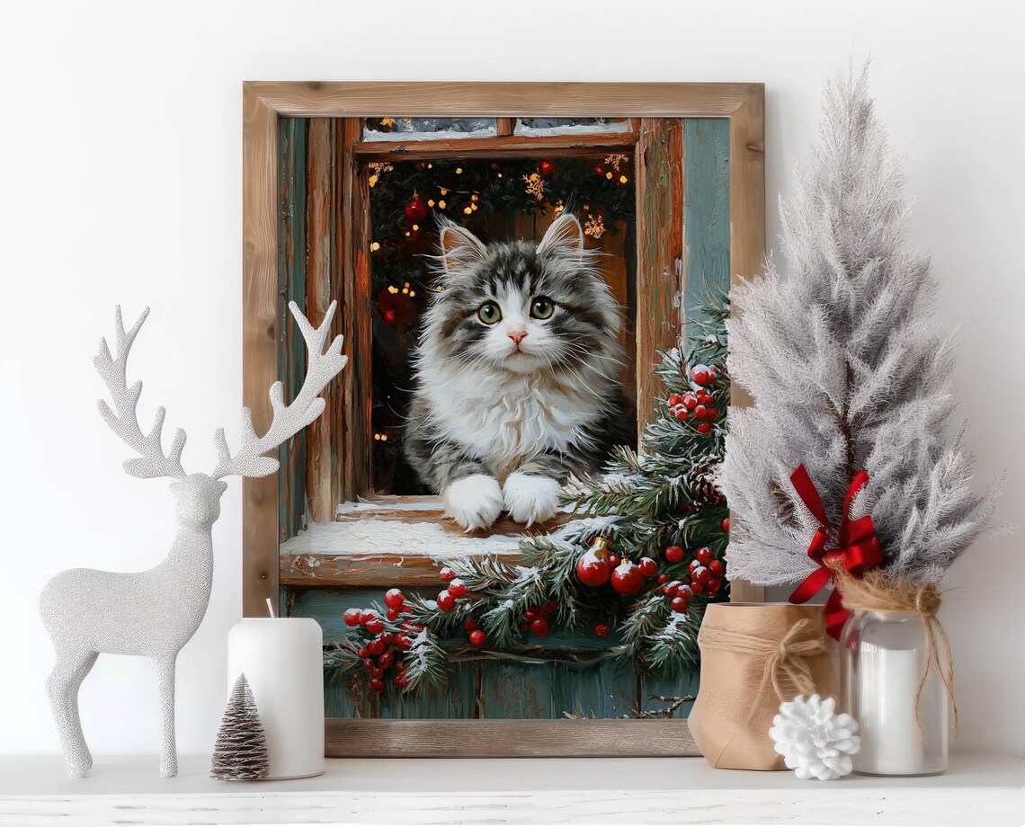 Tabby Cat Christmas Poster, Rustic Farmhouse Holiday - Image 2