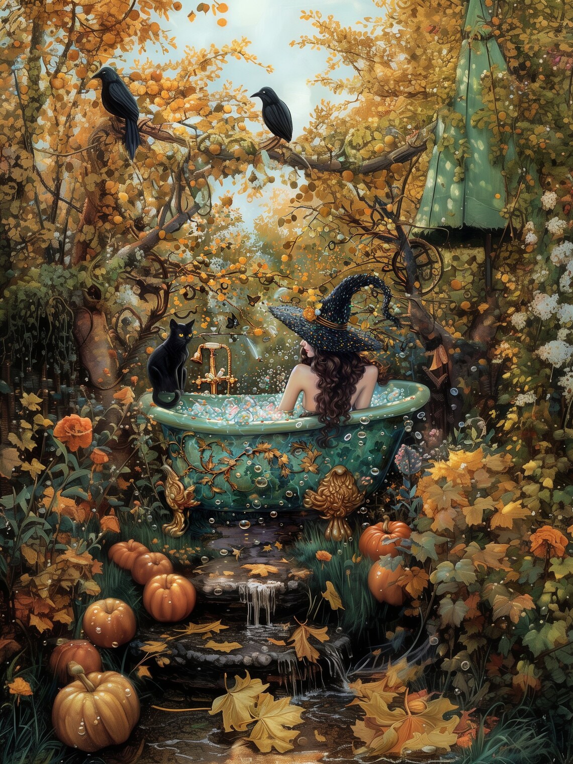 Witch In Bathtub Cat Art Print, Halloween Decor - Image 2
