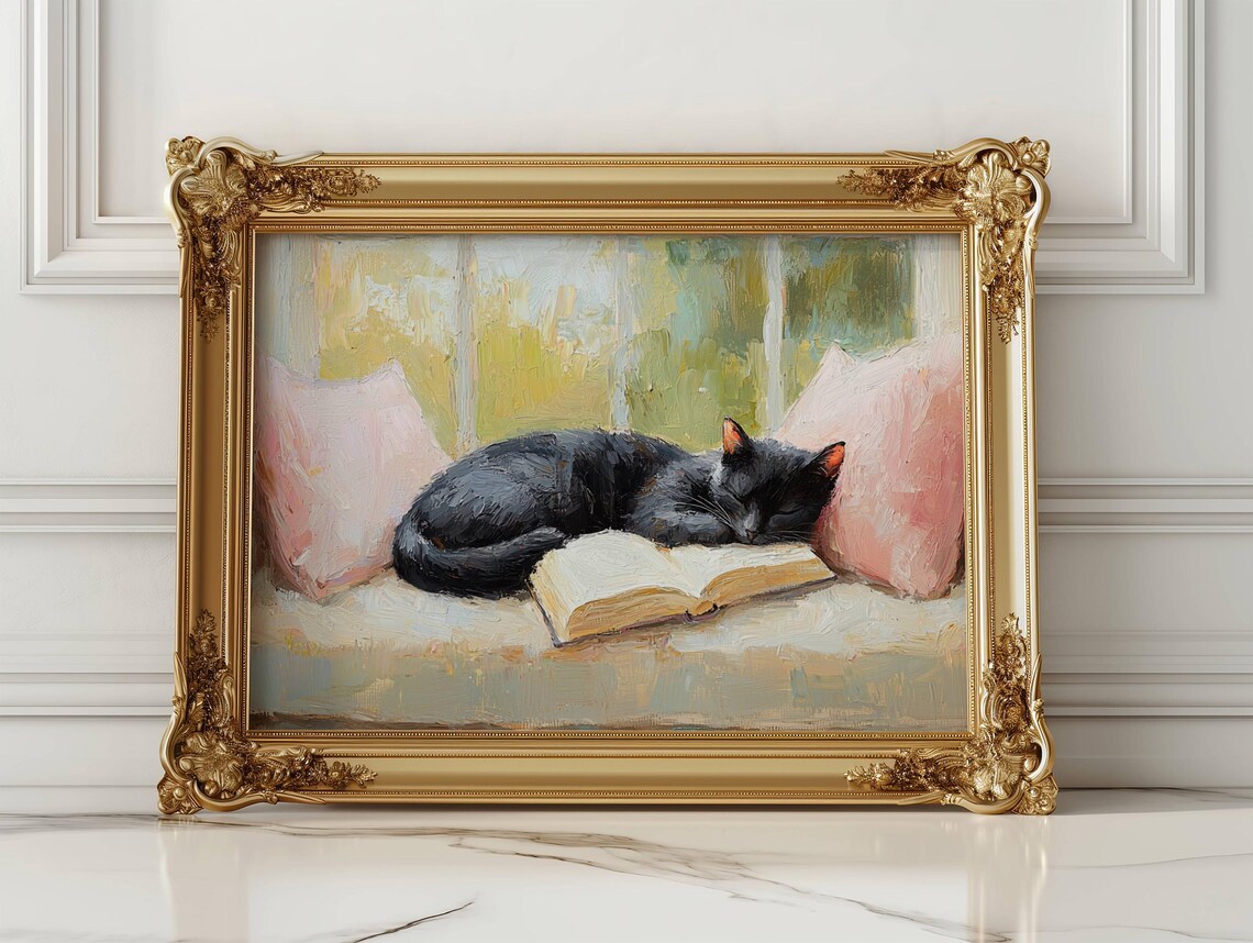 Black Cat Sleeping With Books, Book Lover Art Print - Image 2