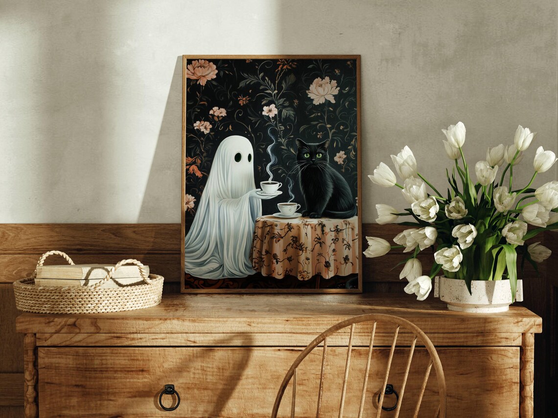 Coffee Time Ghost and Black Cat, Whimsigoth Poster - Image 3