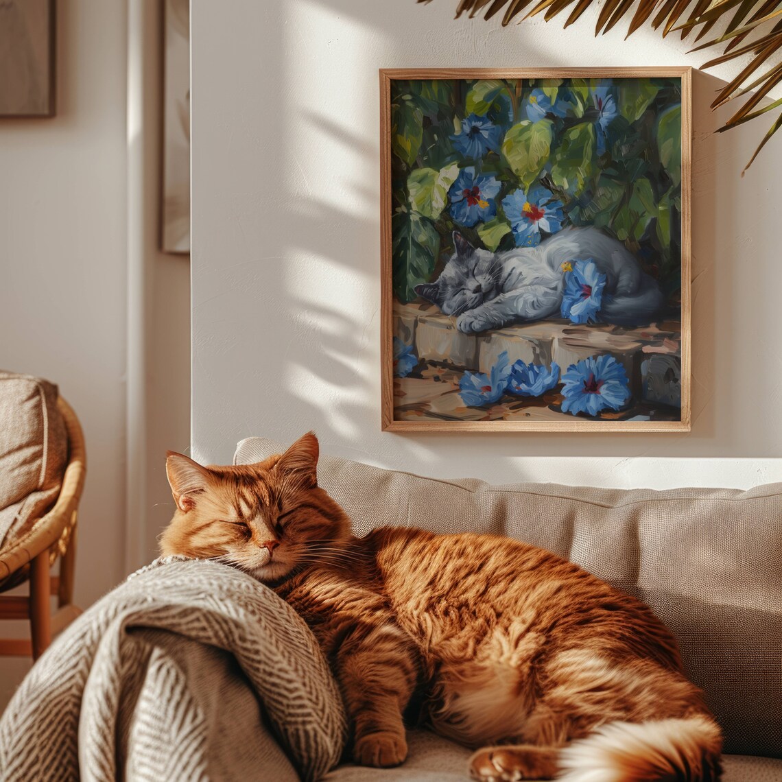 Russian Blue Cat in Hibiscus, Floral Art Print - Image 3