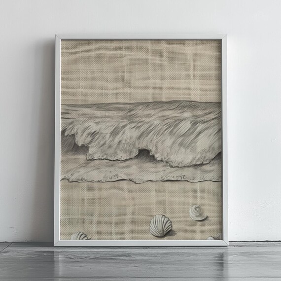 Breaking Wave And Seashells Pencil Sketch Coastal Decor Poster