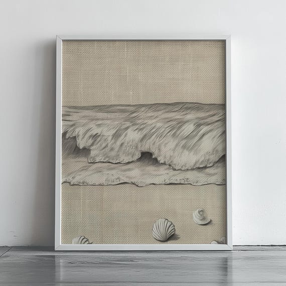 Seashell And Wave Pencil Sketch Wall Art Rustic Drawing Coastal Ocean Scene Moody Beach Decor Vintage Style 345