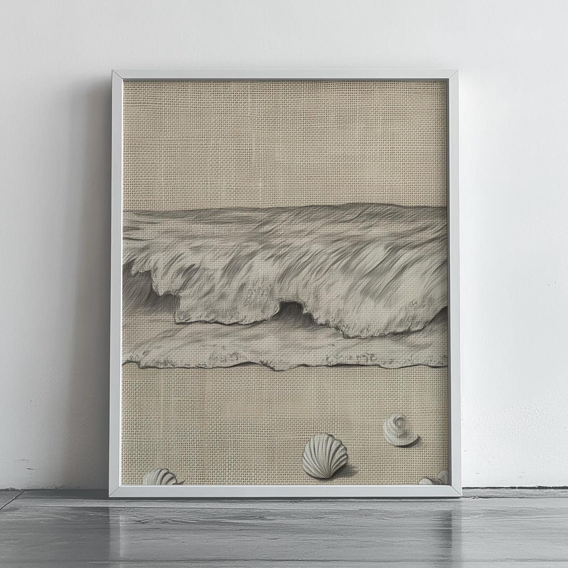 Breaking Wave And Seashells Pencil Sketch Coastal Decor Poster
