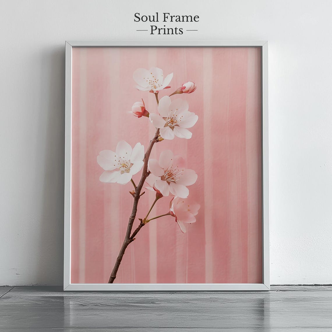 Cherry Blossom Branch Photography Poster On Pink Striped Background