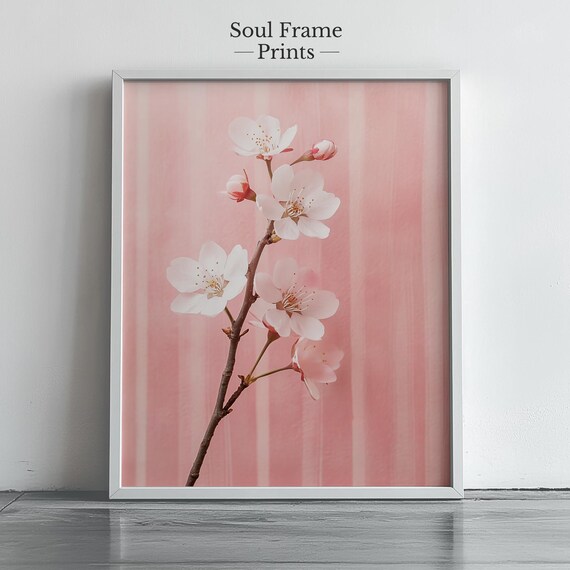Cherry Blossom Branch Photography Poster On Pink Striped Background