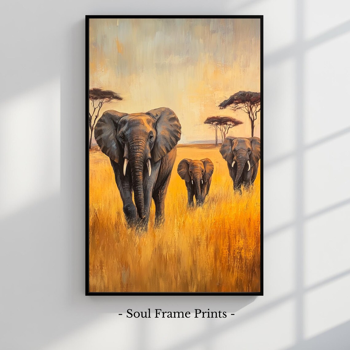African Elephant Herd Walking Through Golden Savannah Poster Wildlife