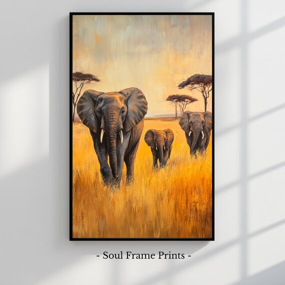 African Elephant Herd In Savannah Vintage Wildlife Landscape Art Rustic Safari Decor Animal Wall Painting 507
