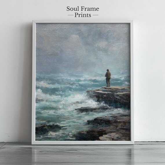 Solitary Fisherman Rocky Cliff Ocean Waves Vintage Oil Art Poster