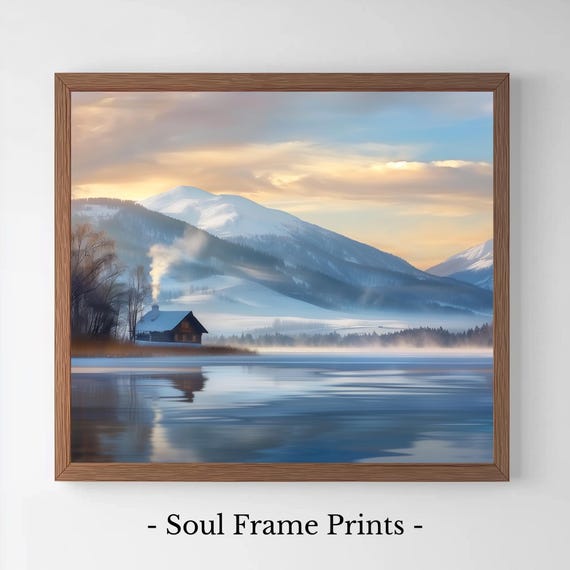 Serene Winter Lake With Pastel Sky Landscape Art Tranquil Scene Rustic Cottage Decor Peaceful Reflection Wall 137