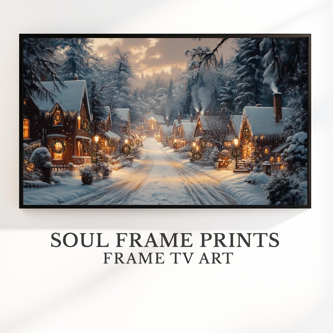 Victorian Village Street at Night Cozy Snowy Christmas Poster