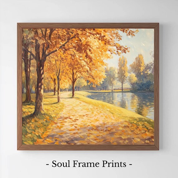 Golden Autumn Pathway by River Impressionist Fall Trees Landscape Art Poster