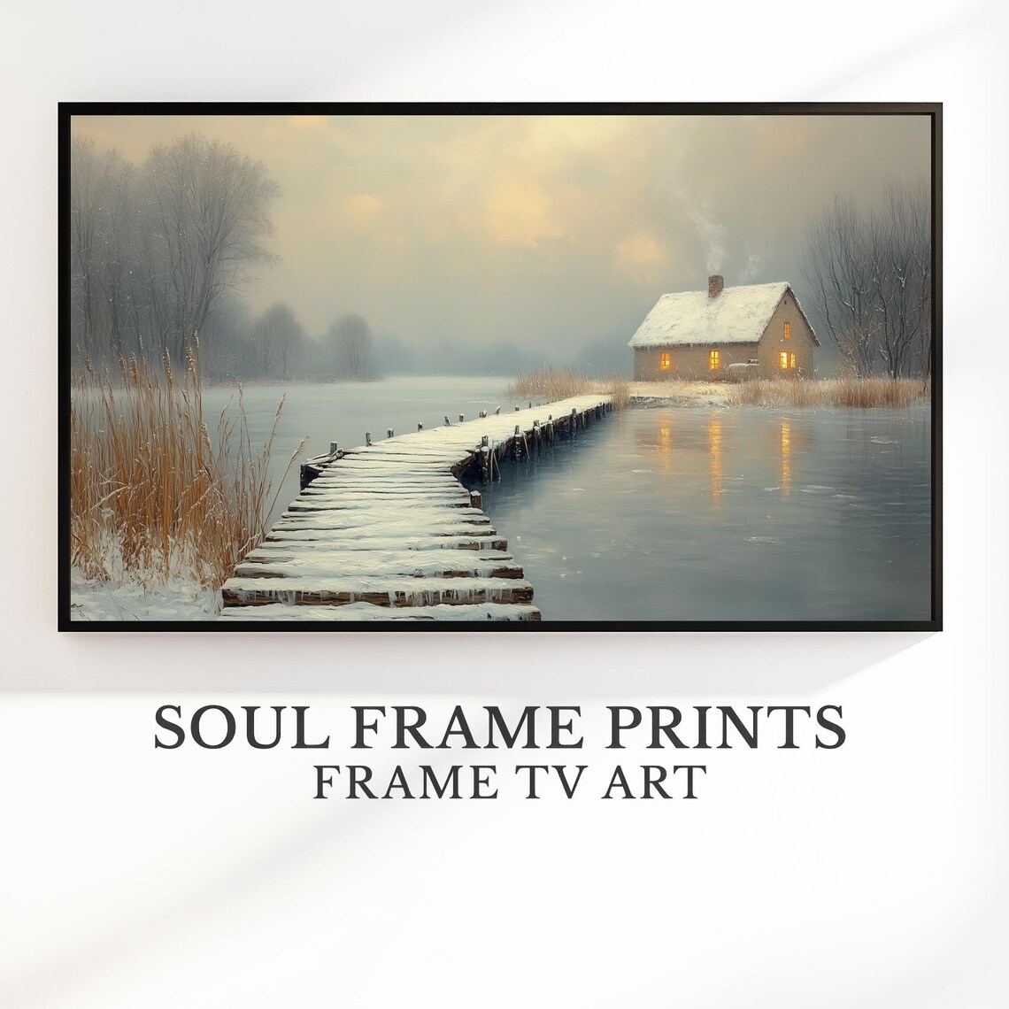Snowy Cabin by a Frozen Pond with a Wooden Dock Winter Wall Art