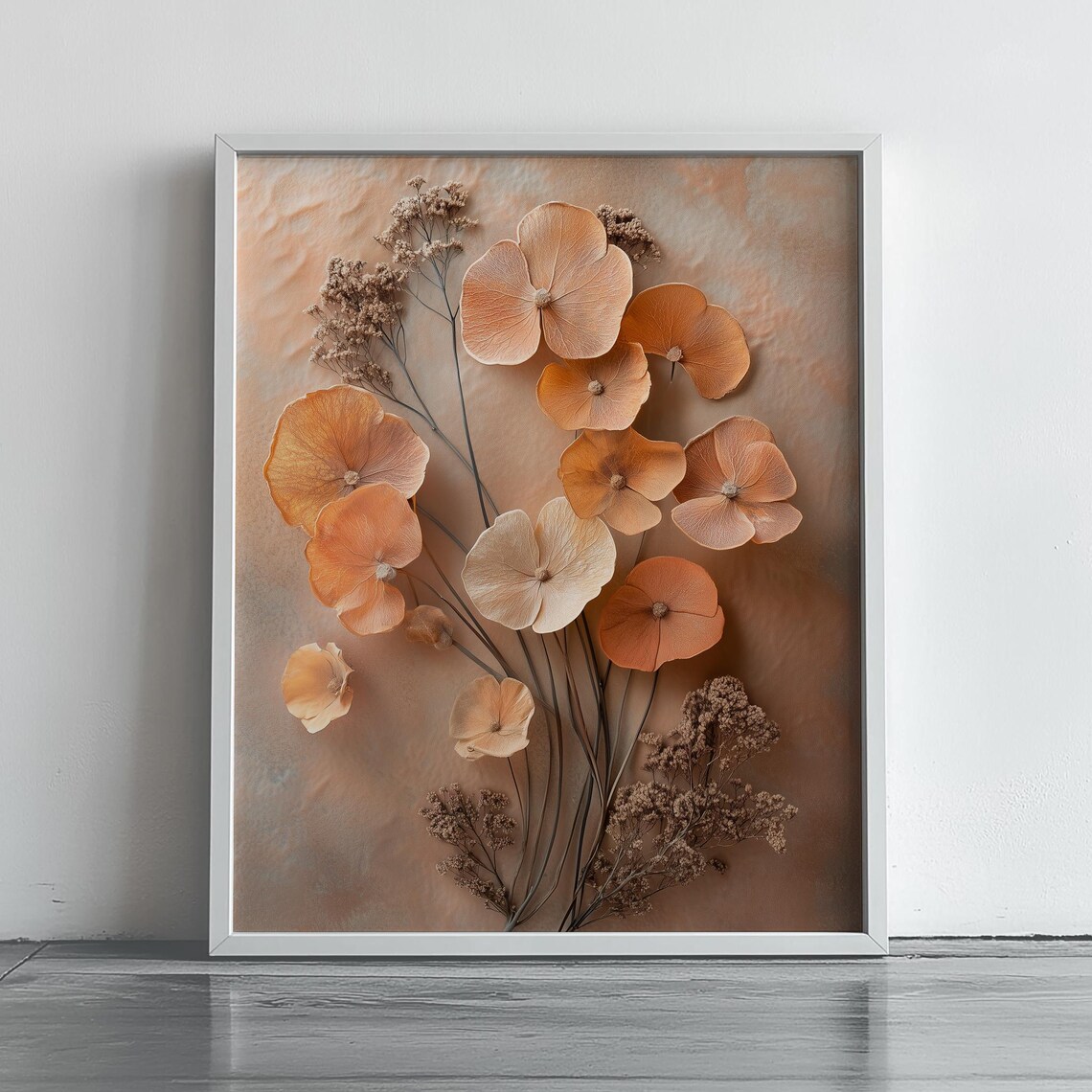 Pressed Flower Botanical Relief Poster - Amber Blooms on Plaster Wall