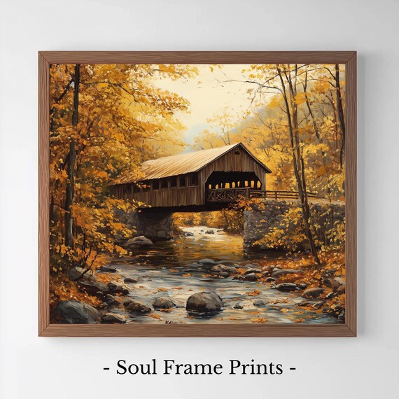 Autumn Covered Bridge Over Rocky River Forest Painting Poster