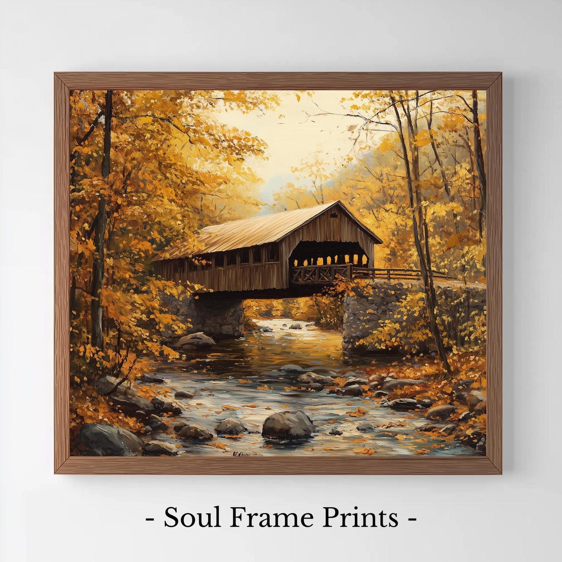 Autumn Covered Bridge Over Rocky River Forest Painting Poster