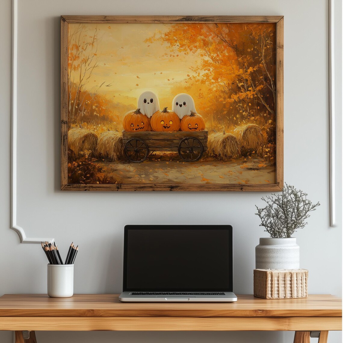 Cute Ghosts Riding a Pumpkin Cart Through an Autumn Field Art Print