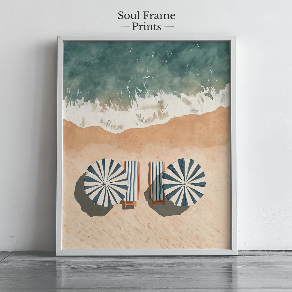 Aerial Beach View With Striped Umbrellas And Foamy Ocean Waves Poster