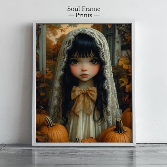 Vintage Coquette Doll Halloween Wall Art Dark Gothic Fall Decor Pumpkin Portrait Creepy Girl Lace Veil Oil Painting 442