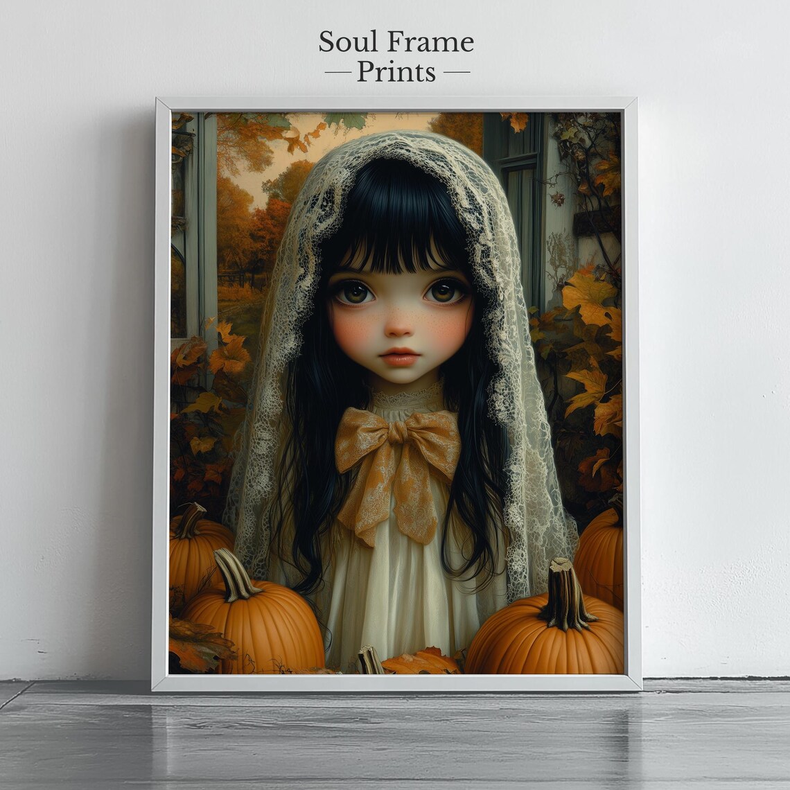 Gothic Doll Girl in a Lace Veil Among Pumpkins Halloween Art Print