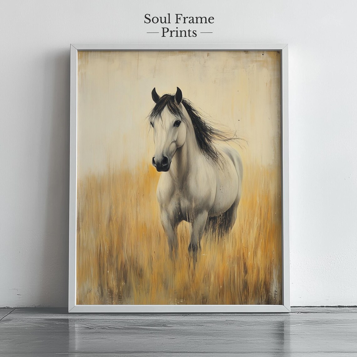 White Horse in Golden Field Poster Rustic Farmhouse Animal Nature Art
