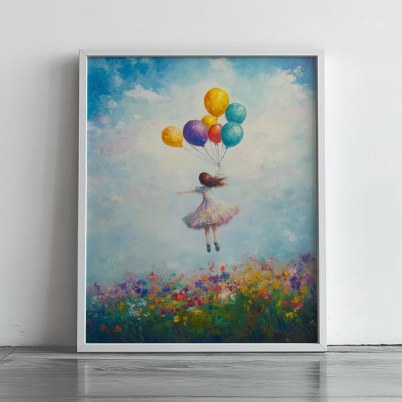 Whimsical Girl Floating With Balloons Wall Art Colorful Landscape Dreamy Summer Sky Vintage Decor Painting 329