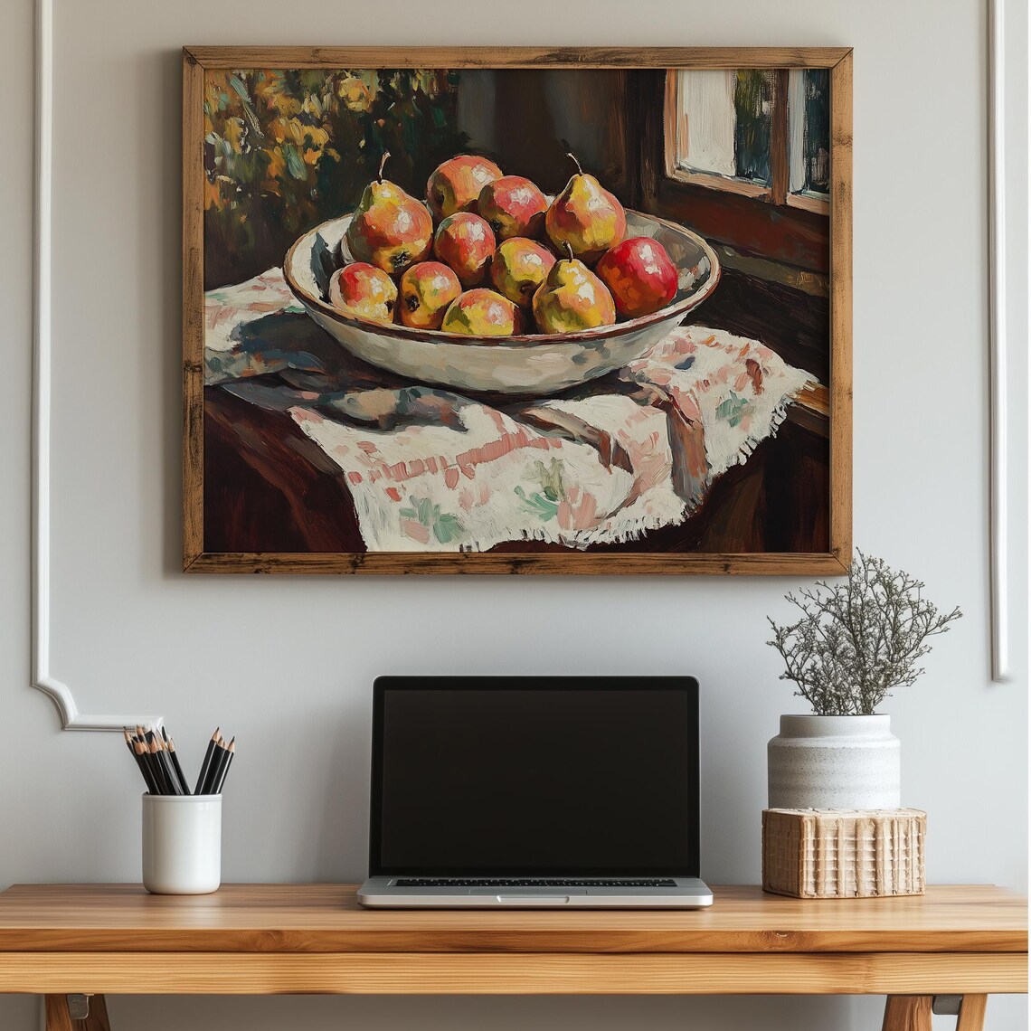 Bowl of Pears Still Life Vintage Kitchen Oil Painting Poster