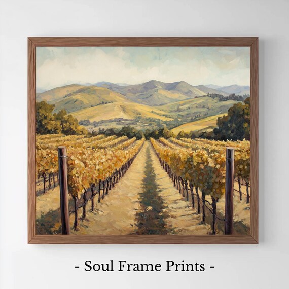 Golden Tuscan Vineyard Rows Countryside Landscape Oil Painting Poster