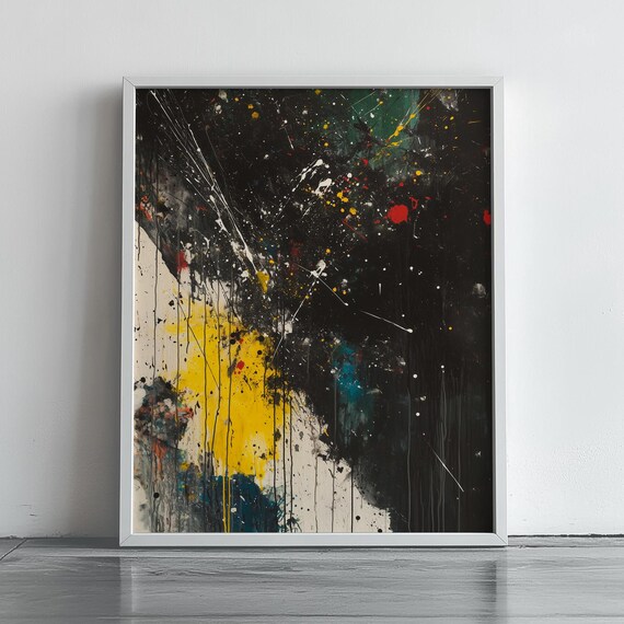 Large Modern Abstract Art Print Black And Yellow Expressionist Wall Decor Drip Splash Painting For Office Bold Contemporary Canvas 163