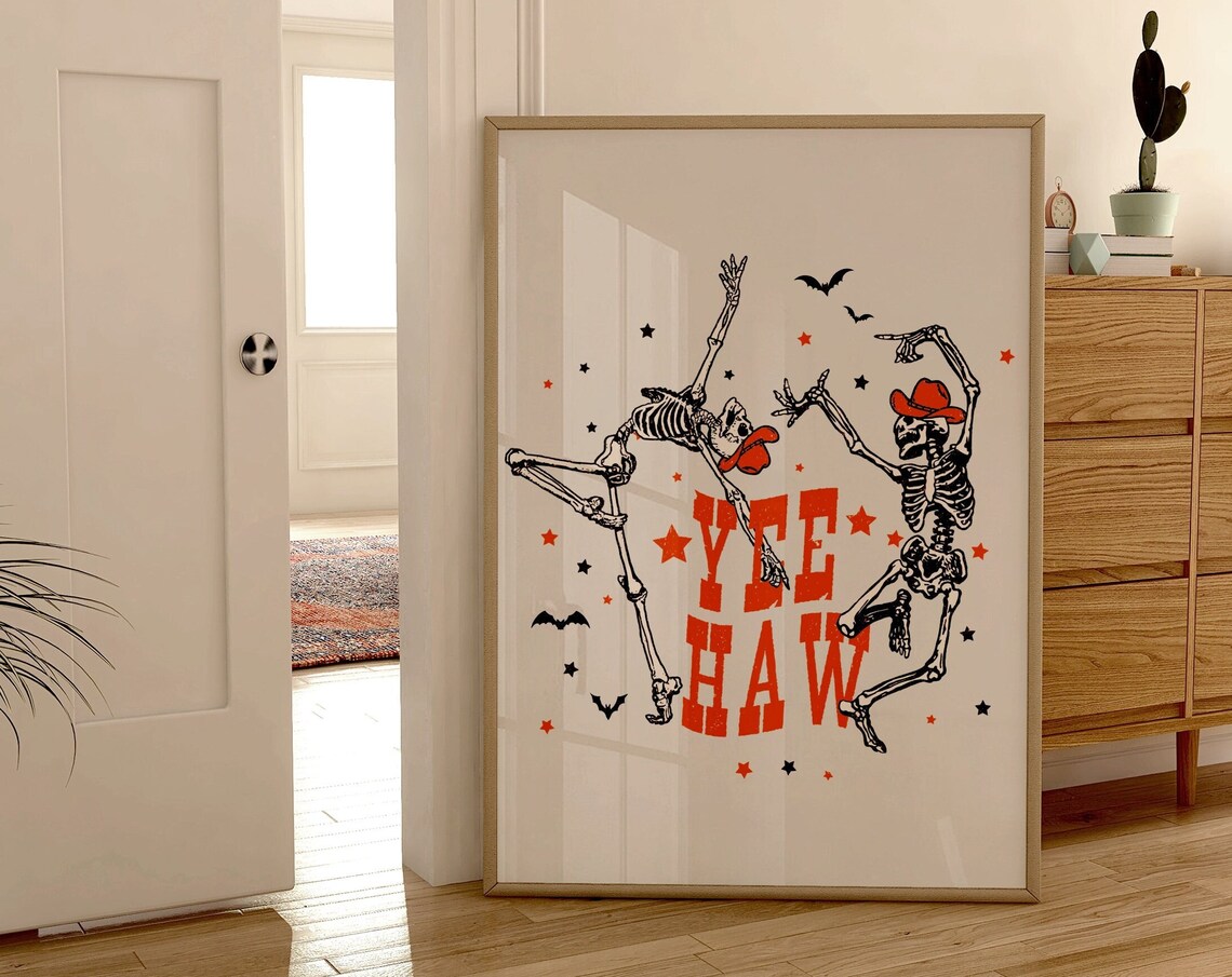 Yee Haw Dancing Cowboy Skeletons Western Halloween Art Poster