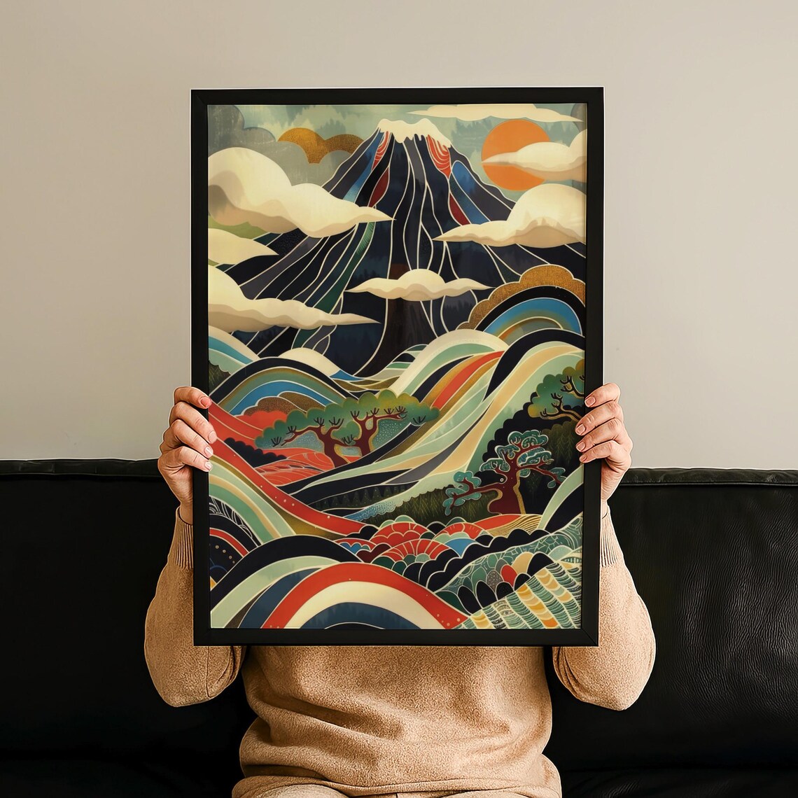 Mount Fuji Red Sun Colorful Waves Japanese Art Decorative Poster