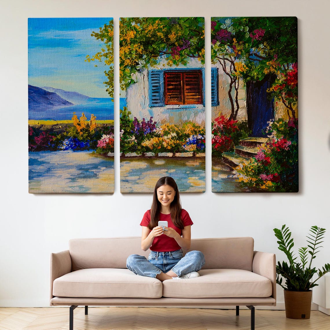 Mediterranean Seaside Cottage Blue Shutters Bougainvillea View Poster - Image 2