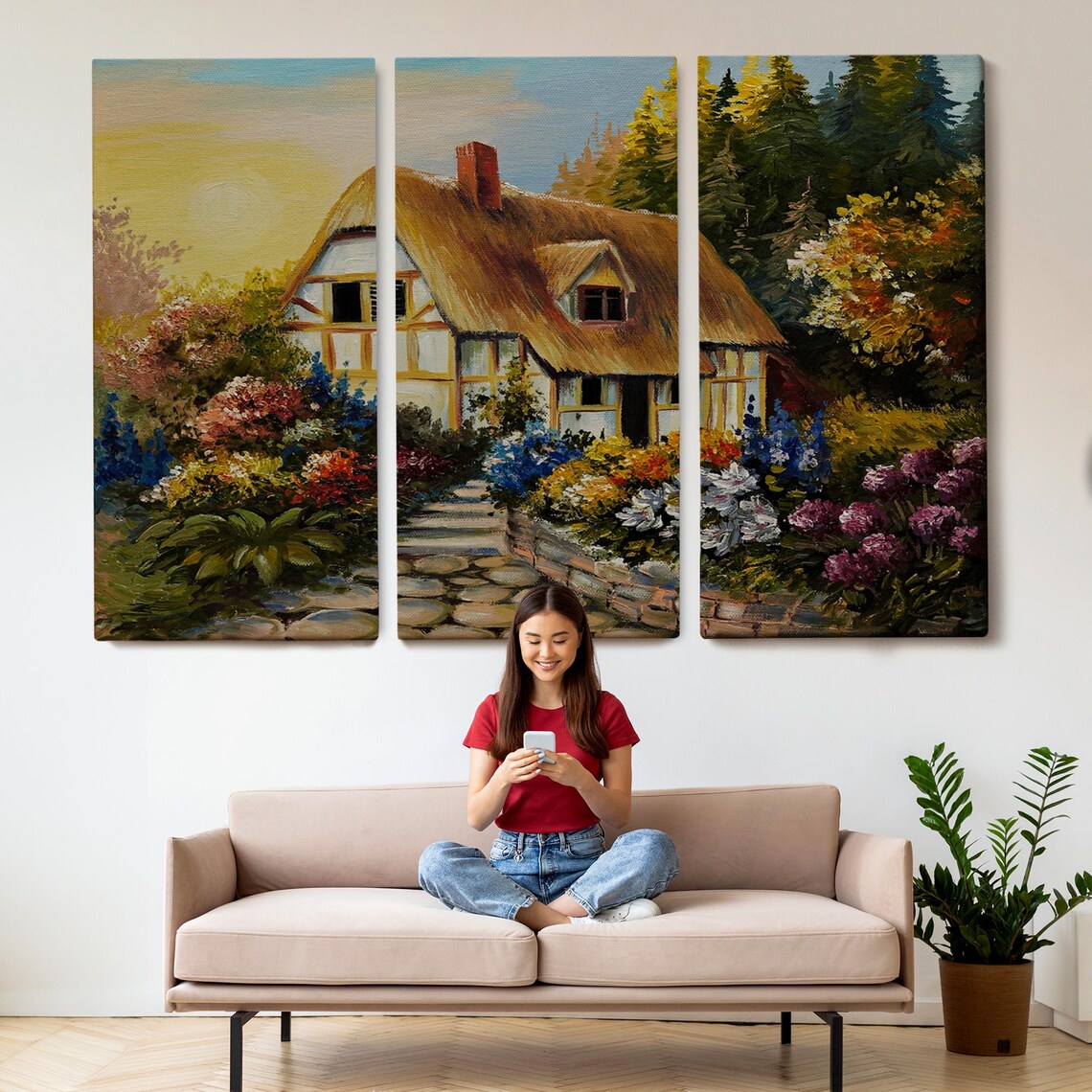 Thatched Roof Cottage Blooming Flower Garden Sunset Country Wall Art - Image 2