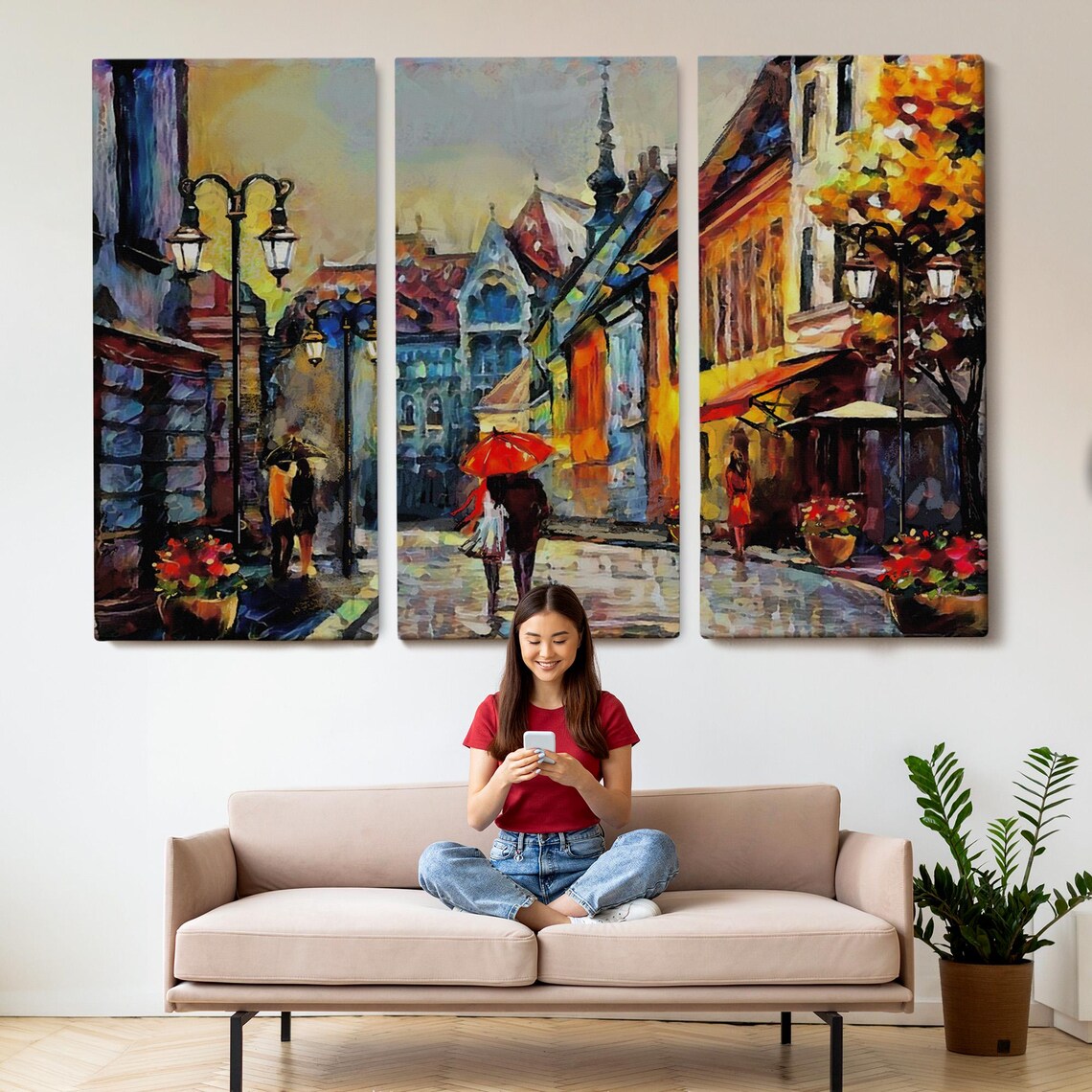 Old European Town Street Rainy Day Red Umbrella Oil Painting Poster - Image 2