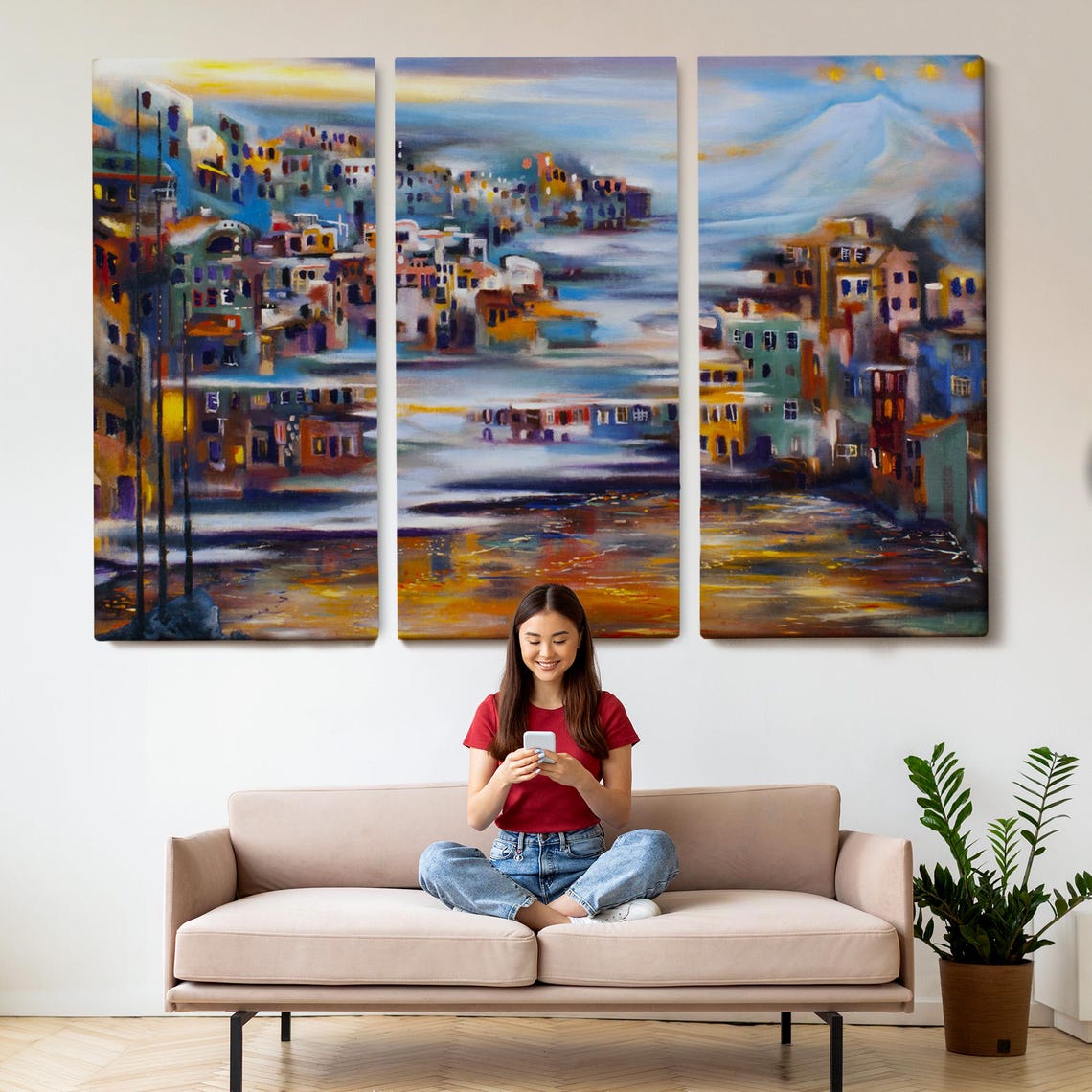 Village At Foot Of Smoking Volcano Impressionist Mountain Town Poster - Image 2