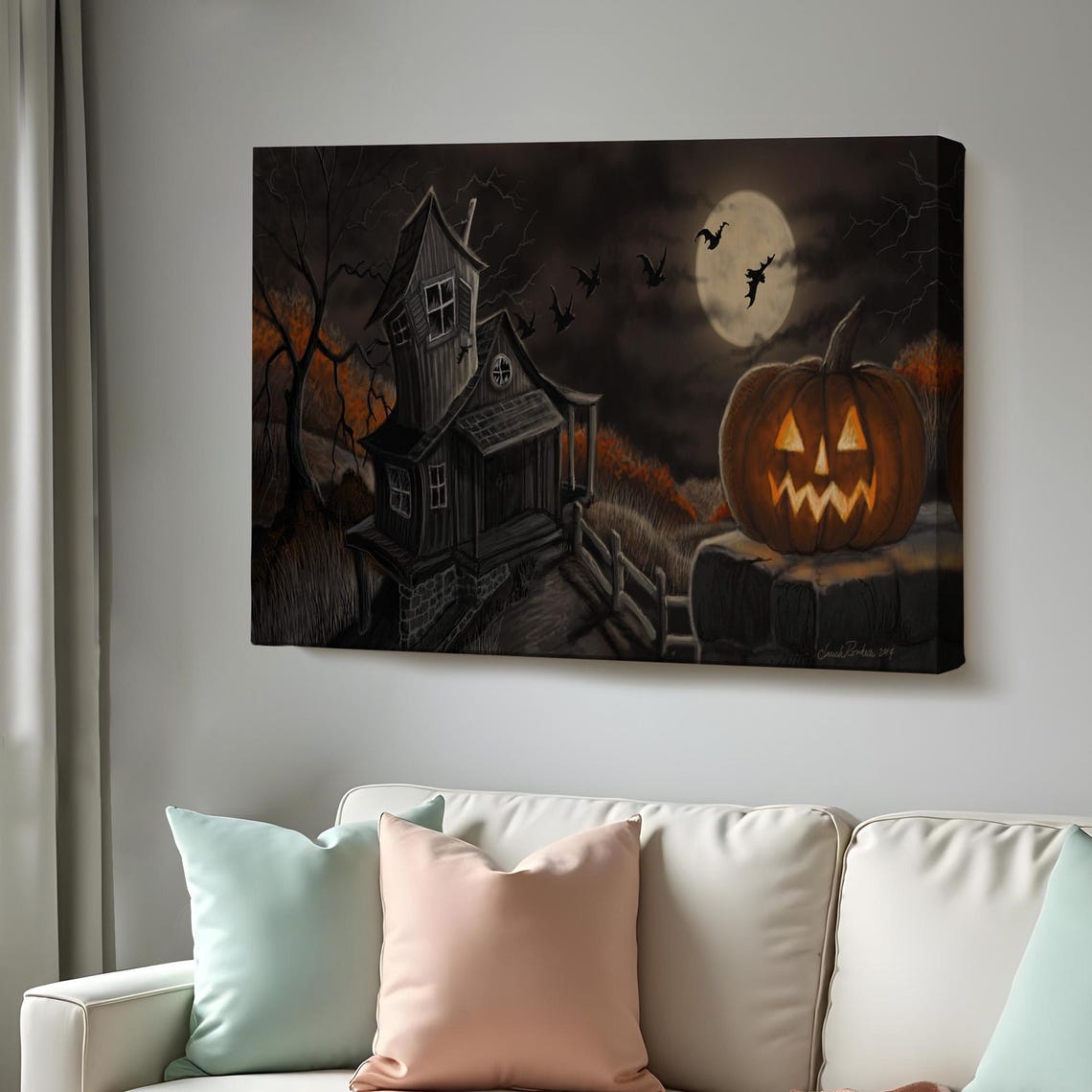 Haunted House Night Jack O Lantern Full Moon Halloween Art Poster