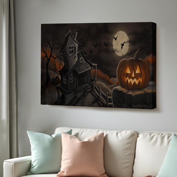 Haunted House Night Jack O Lantern Full Moon Halloween Art Poster