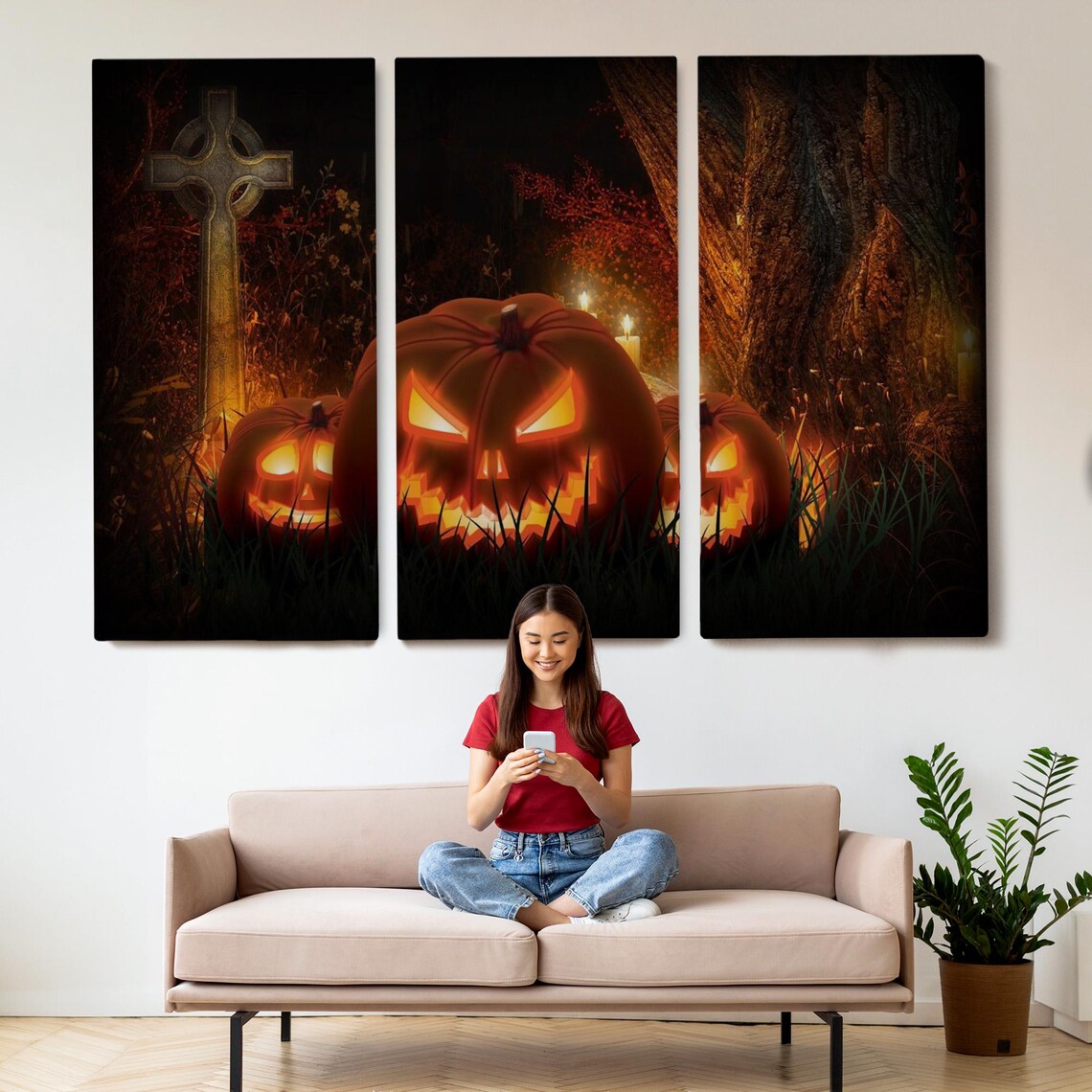 Glowing Carved Pumpkins Dark Cemetery Night Halloween Art Poster - Image 2