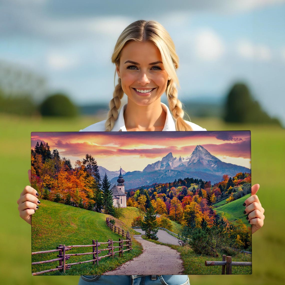 Alpine Mountain Village Church Autumn Sunset Path Scenic Travel Poster - Image 5