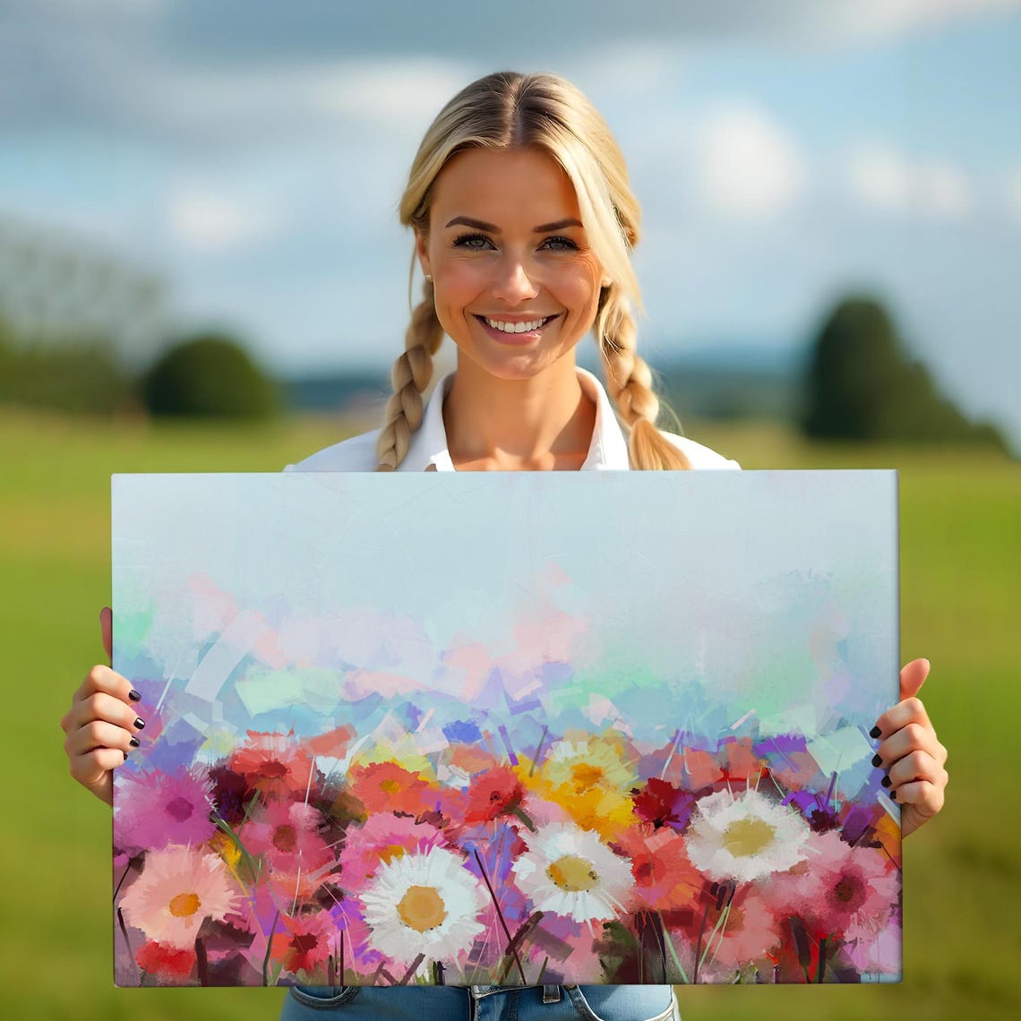 Colorful Daisy Field White Pink Blooms Pastel Sky Floral Art Poster - Image 5