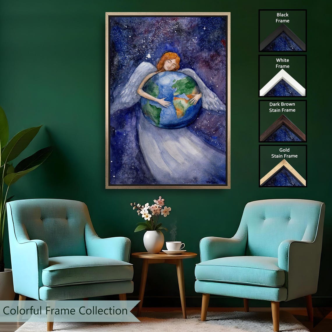 Angel Embracing Planet Earth In Starry Night Sky Watercolor Wall Art - Image 2