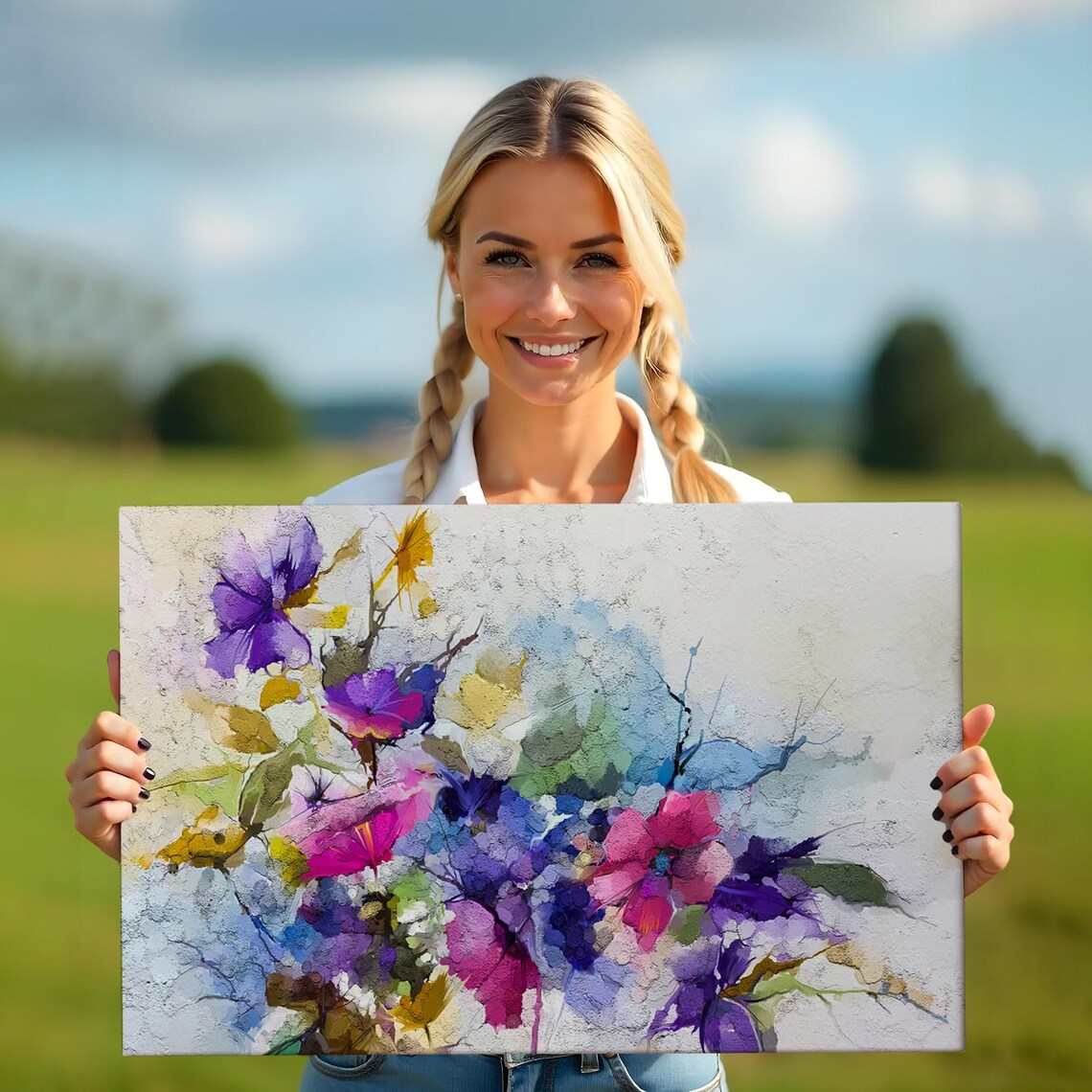 Modern Abstract Floral Watercolor Purple Blossoms White Art Poster - Image 5