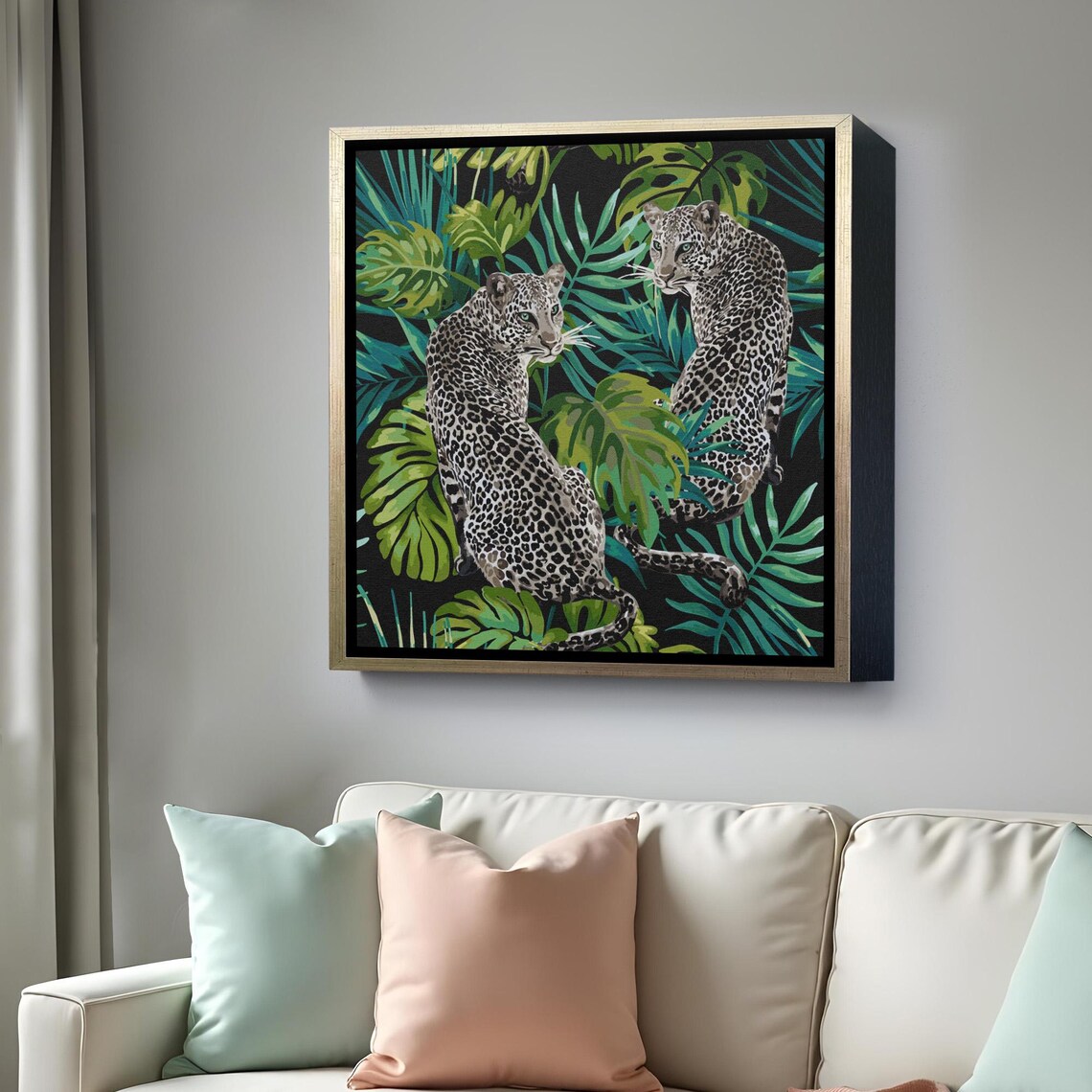 Two Leopards Among Tropical Palm Leaves Dark Jungle Wildlife Art Wall Poster - Image 4