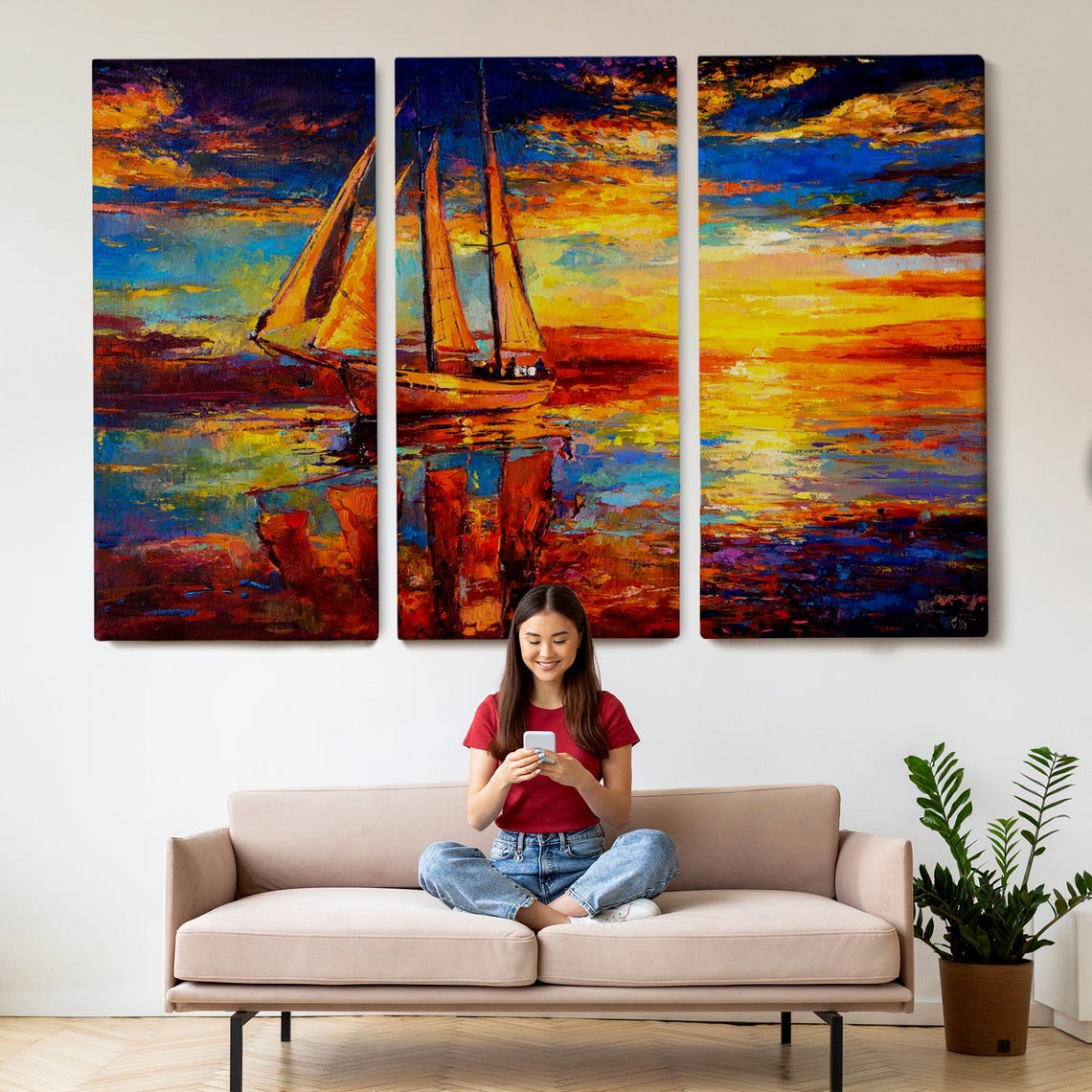 Tall Ship Sunset Sailing Vibrant Orange Ocean Oil Painting Print - Image 2