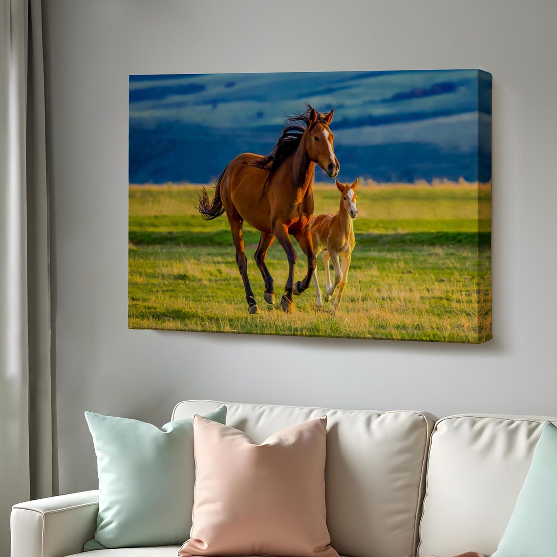 Chestnut Mare And Foal Running Green Pasture Sunset Horse Wall Art