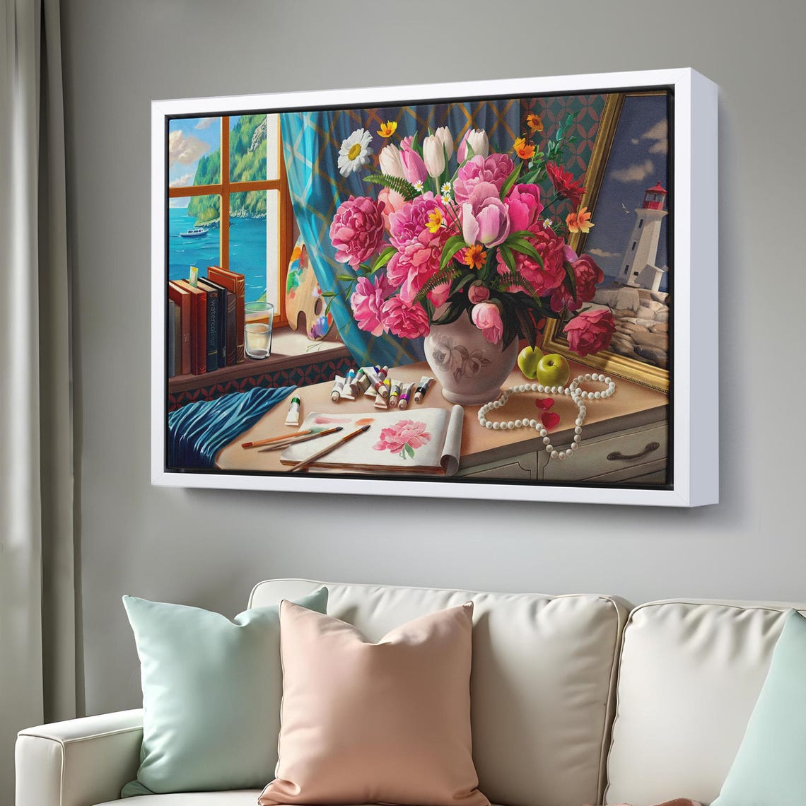 Pink Peonies Artist Studio Still Life Sea Window Floral Poster - Image 3
