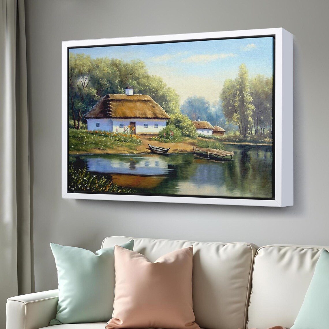 Lakeside Thatched Roof Cottage Rowboat Calm Water Oil Painting Poster - Image 3